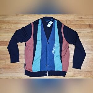 Perry Ellis Blue and Brown Striped Cardigan Sweater